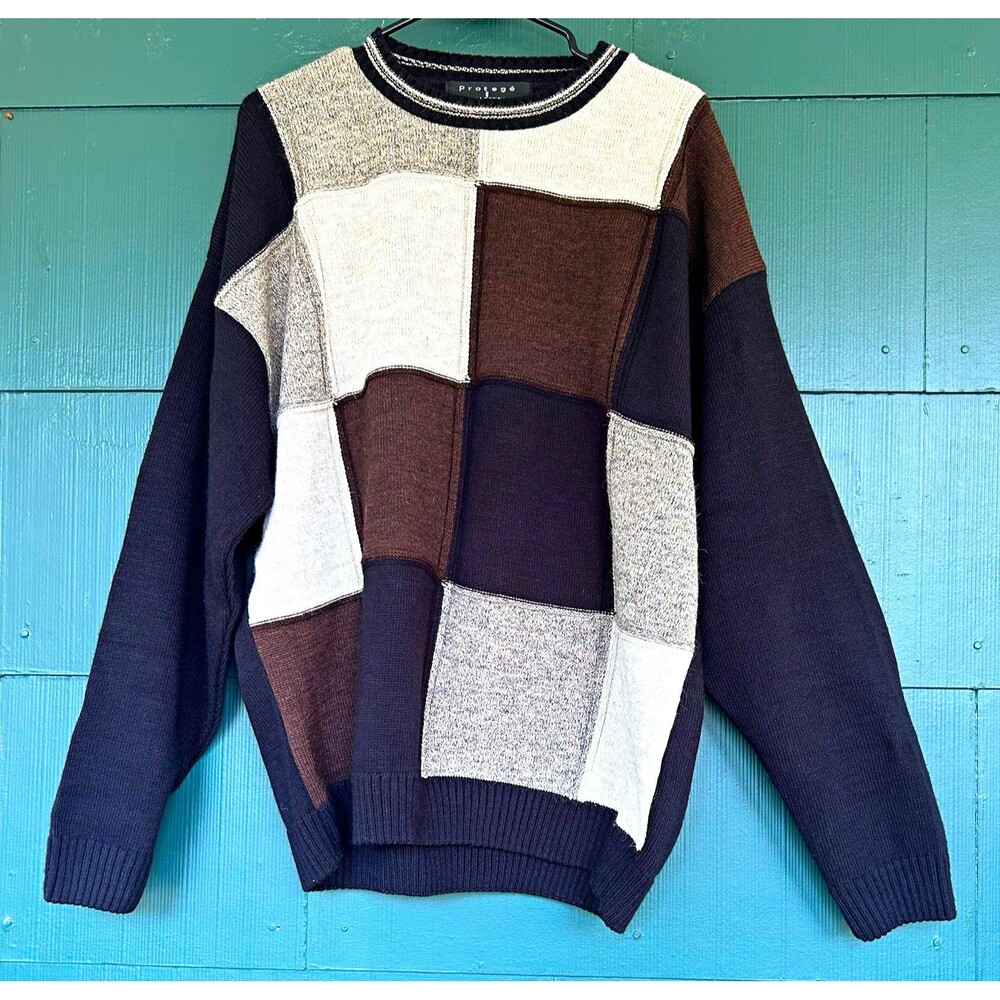 Vintage 90s Protege Sweater Patchwork Colorblock Wool Alpaca USA Made Men’s XL